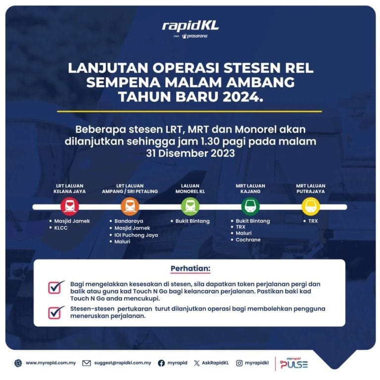 Perkhidmatan Tren dan Bas Rapid KL Dilanjutkan Sehingga 1.30 Pagi sempena Tahun Baru
