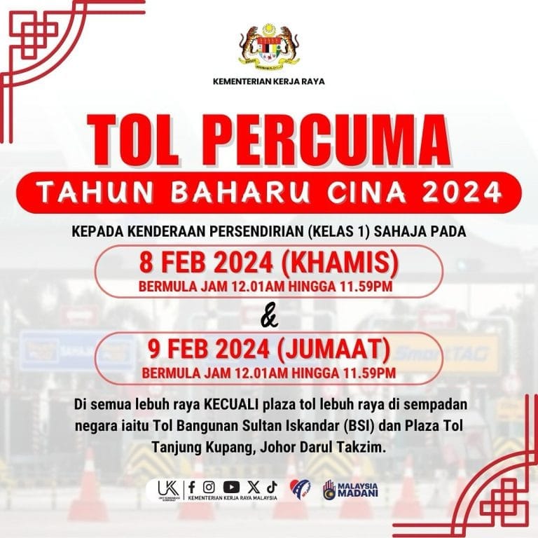 Tol Percuma Sempena Tahun Baru Cina Pada 8-9 Februari