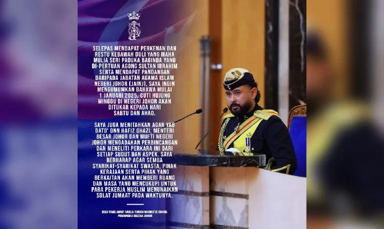 Cuti Mingguan Johor Ditukar Semula Kepada Sabtu-Ahad Mulai Tahun 2025