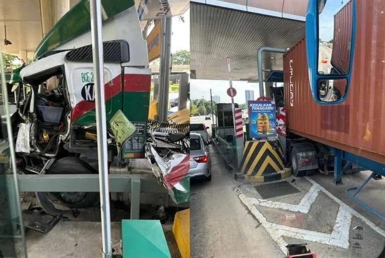 Treler Alami Masalah Brek, Rempuh Perodua Aruz di Plaza Tol Perling