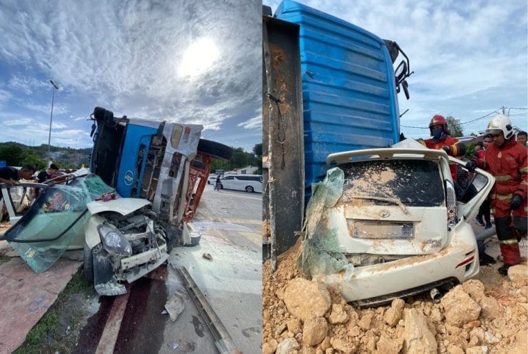 Lori Tanah Dipercayai Hilang Kawalan, Rempuh Lori Sampah dan Dua Biji Perodua Myvi