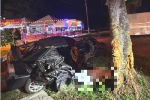 Pemandu Dan Bapa Saudara Maut, Proton Iswara Terbabas Langgar Pokok